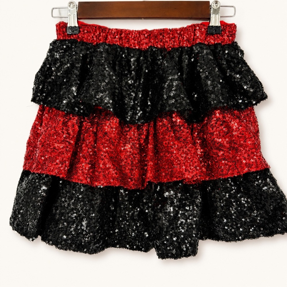 Fantastic Fawn Women Small Skirt Sequin Ruffled Tiered Red Black Mini Glam Cheer